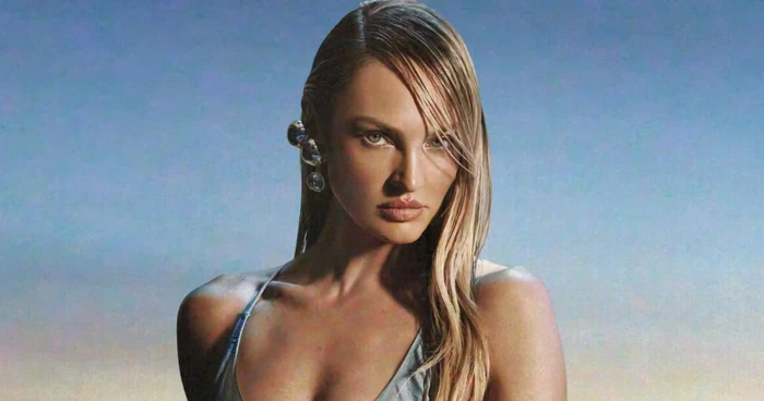 Candice Swanepoel wearing a swimsuit and bubble earrings against a gradient blue background for Tropic of C