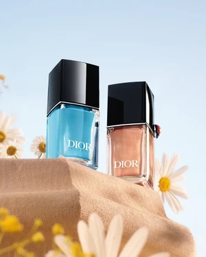 Two Dior nail polish bottles on a rocky ledge with white daisy flowers against a clear sky background