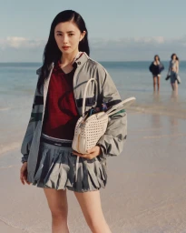 Woman in grey athletic jacket and pleated skirt holding a white perforated handbag on a sandy beach with the ocean behind her.