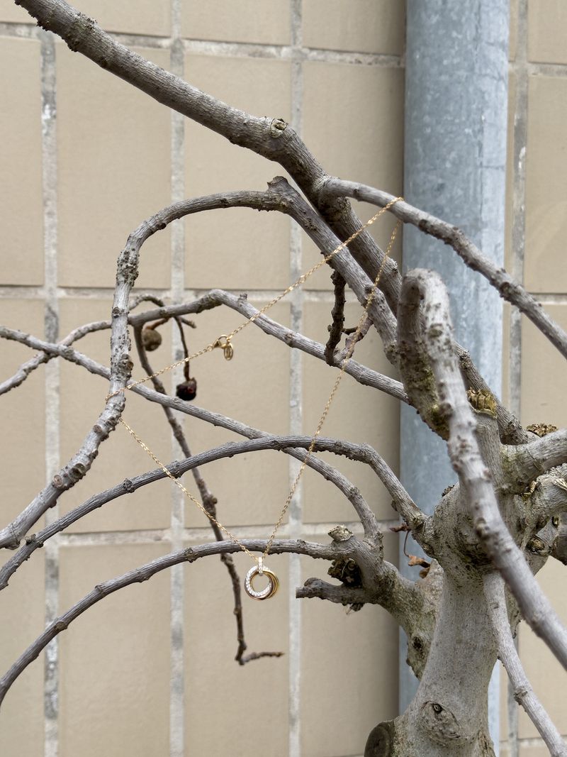 Elegant gold necklace with circular pendant hanging from bare tree branch, set against beige tiled exterior wall and metal pole.