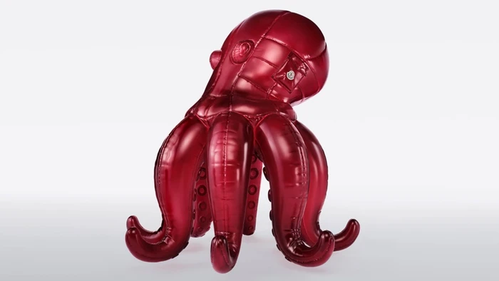 Glossy red quilted puffer octopus sculpture by Moncler against a clean white gradient background.