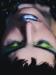 Close-up portrait of a model with green eyeshadow and metallic blue lipstick captured upside down by Greg Adamski.