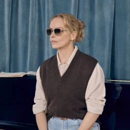 Nina Hoss wearing MYKITA sunglasses, a dark sweater vest over a light shirt, against a blue curtain backdrop.