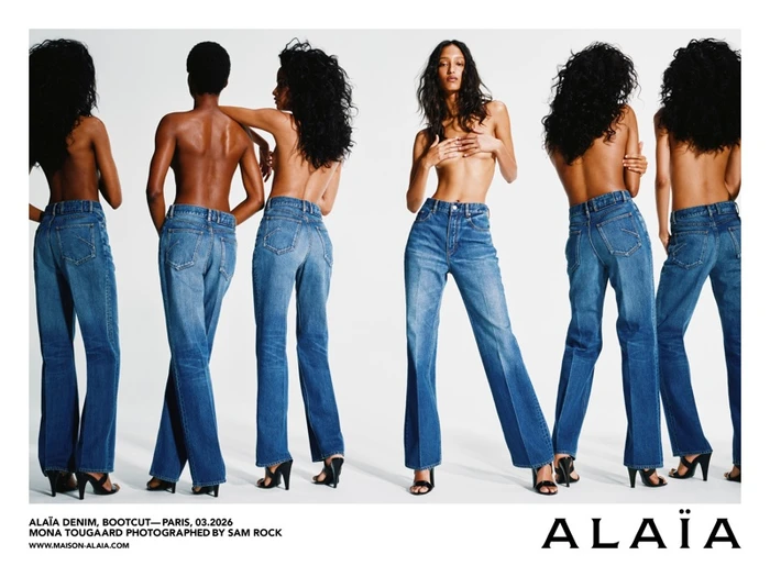 Multiple shots of model Mona Tougaard topless wearing blue denim jeans against a white background for Alaïa