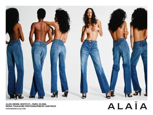 Multiple shots of model Mona Tougaard topless wearing blue denim jeans against a white background for Alaïa