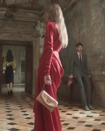 Model in long red silk dress holding light leather handbag in ornate historical interior with tiled floor