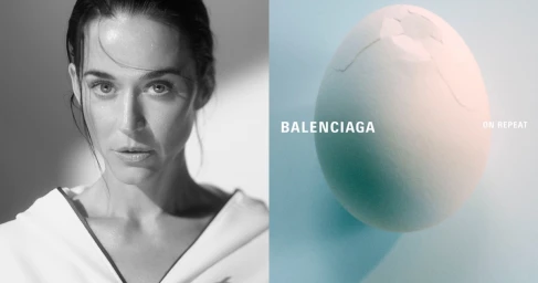 Split-screen image featuring a wet-haired woman on the left and a cracked white egg against a blue background with Balenciaga text on the right.
