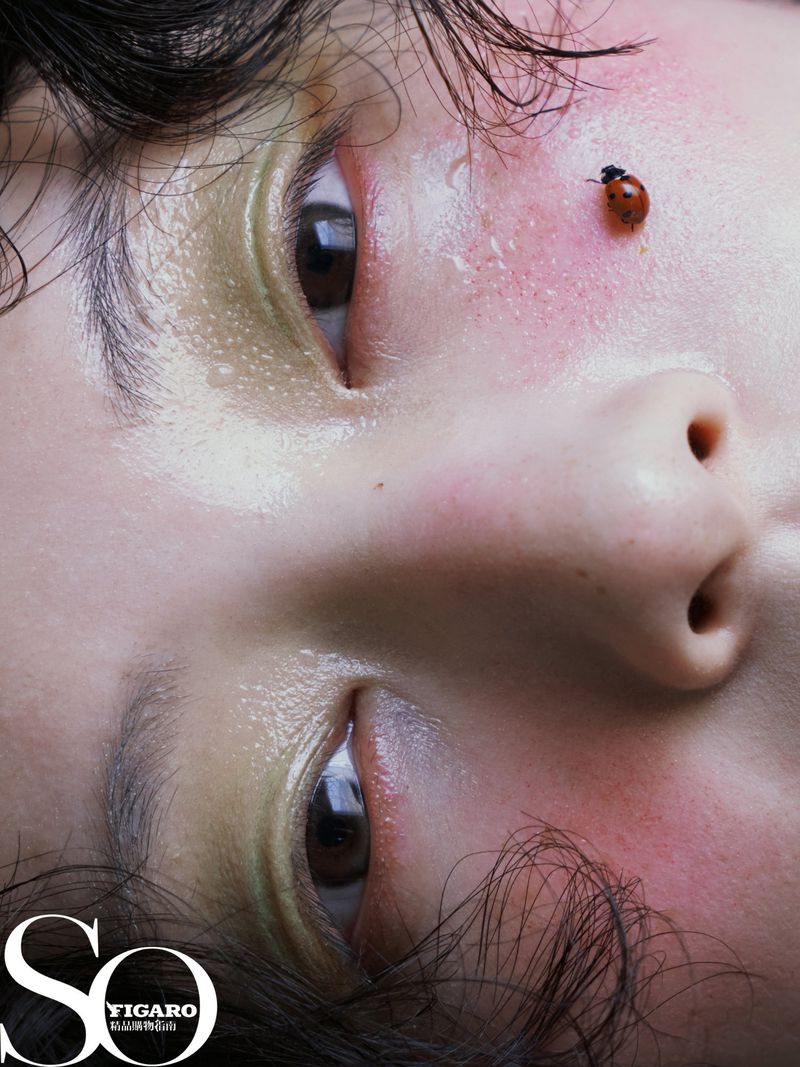 Close-up portrait of a woman with a ladybug on her cheek, glossy skin, and prominent facial features, accompanied by magazine text.