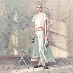 Model wearing a white lace top and sage green skirt posing beside a light blue folding chair against a distressed wallpaper background.