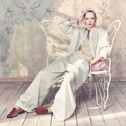 Model seated in a white metal butterfly chair wearing striped trousers and matching jacket against a textured wall.