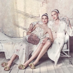 Two female models in white and floral dresses sitting on an antique iron bed against a distressed textured wall