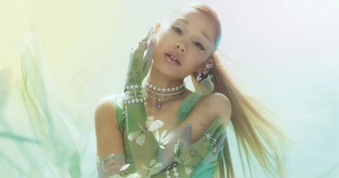 Ariana Grande wearing crystal jewelry and sheer green gloves for Swarovski, photographed by Mert and Marcus.