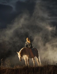 Model riding a white horse under a dramatic dark sky with atmospheric smoke or dust swirls