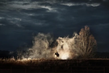 A person riding a horse across an open landscape beneath a dramatic dark sky with rising smoke and sparse trees.