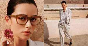 Model wearing translucent brown glasses holding a pink flower alongside a full-length shot in an Emporio Armani spring campaign.