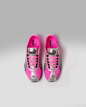 Top-down view of Puma H-Street sneakers featuring hot pink mesh, silver metallic panels, and black branding against a light background.