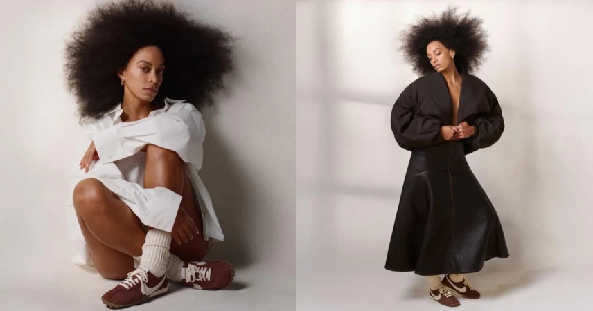 Diptych of Solange Knowles modeling brown Nike sneakers in an oversized white shirt on the left and a black ensemble on the right.