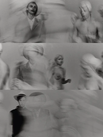 Monochrome blurred portrait with several adult humans wearing suits, hats, and bathing caps, in an indoor photo studio with diffused light.