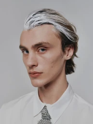 Close-up portrait of a young man with white paint combed through his hair wearing a white collared shirt and metallic chainmail tie.