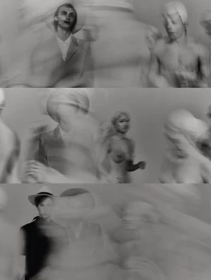 Black and white triptych of models in motion blur and tailored suits with hats against a studio background.
