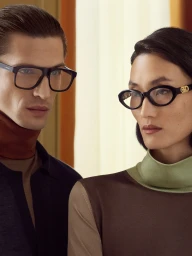 Close-up portrait of a man and woman wearing stylish designer eyeglasses and turtleneck sweaters for Salvatore Ferragamo.