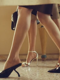 Close-up of legs and designer heels worn by Christy Turlington for Salvatore Ferragamo La Prima Impressione campaign
