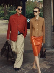 Man in red jacket and woman in brown jacket walking outdoors carrying handbags
