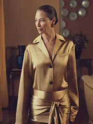 Christy Turlington wearing a gold satin shirt and skirt in an interior setting for Salvatore Ferragamo La Prima Impressione campaign