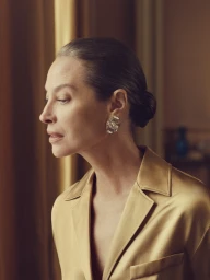 Christy Turlington in profile wearing a silk collar shirt and statement earrings for Salvatore Ferragamo