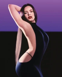 Rosal5 wearing a black backless dress with a high neckline posing against a gradient purple and black background.