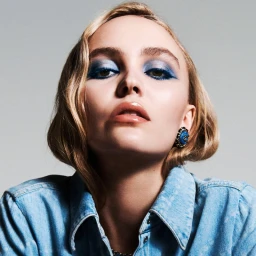 Lily-Rose Depp wearing blue eyeshadow and a denim shirt for Chanel Denim Makeup, looking up against a light grey background.