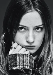 Close-up portrait of a young woman resting her chin on her hand, wearing a plaid shirt and rings against a dark background.