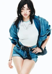 Model in denim jacket and shorts with white t-shirt posing against a bright white background for H&M