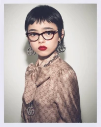 Model wearing Gucci monogram silk blouse, statement interlocking G earrings, and tortoiseshell glasses against a white background
