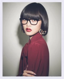 Model with dark bob hair, black framed glasses, and gold interlocking GG earrings wearing a burgundy blouse against a white background
