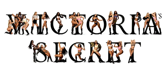 Multiple female models posing within large black serif letters spelling out Victoria's Secret against a white background