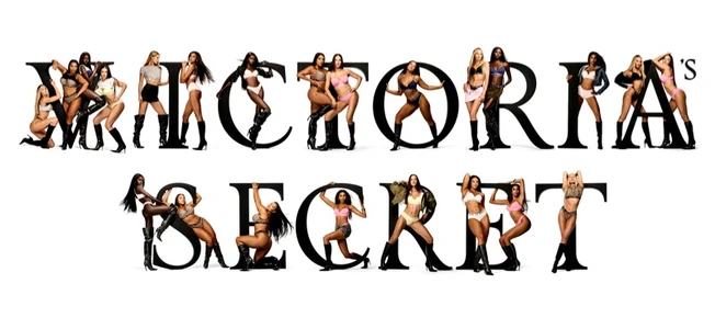 Multiple female models posing within large black serif letters spelling out Victoria's Secret against a white background