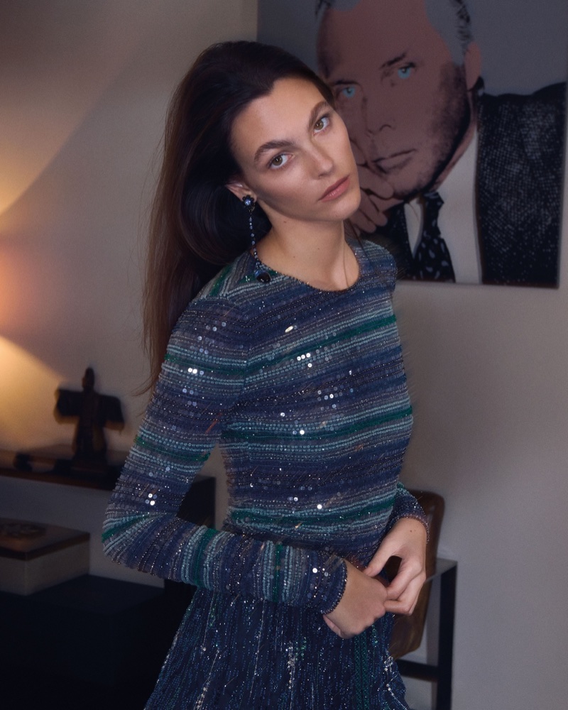 Model Vittoria Ceretti wearing a sequined blue dress for the Giorgio Armani Spring 2026 campaign.