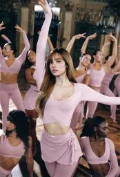 Lisa in pink activewear posing with background dancers in an ornate classical hall for NikeSKIMS