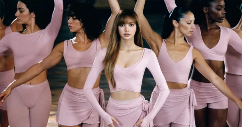 Lisa posing with a group of female dancers wearing matching pink activewear for NikeSKIMS Spring 2026 campaign.