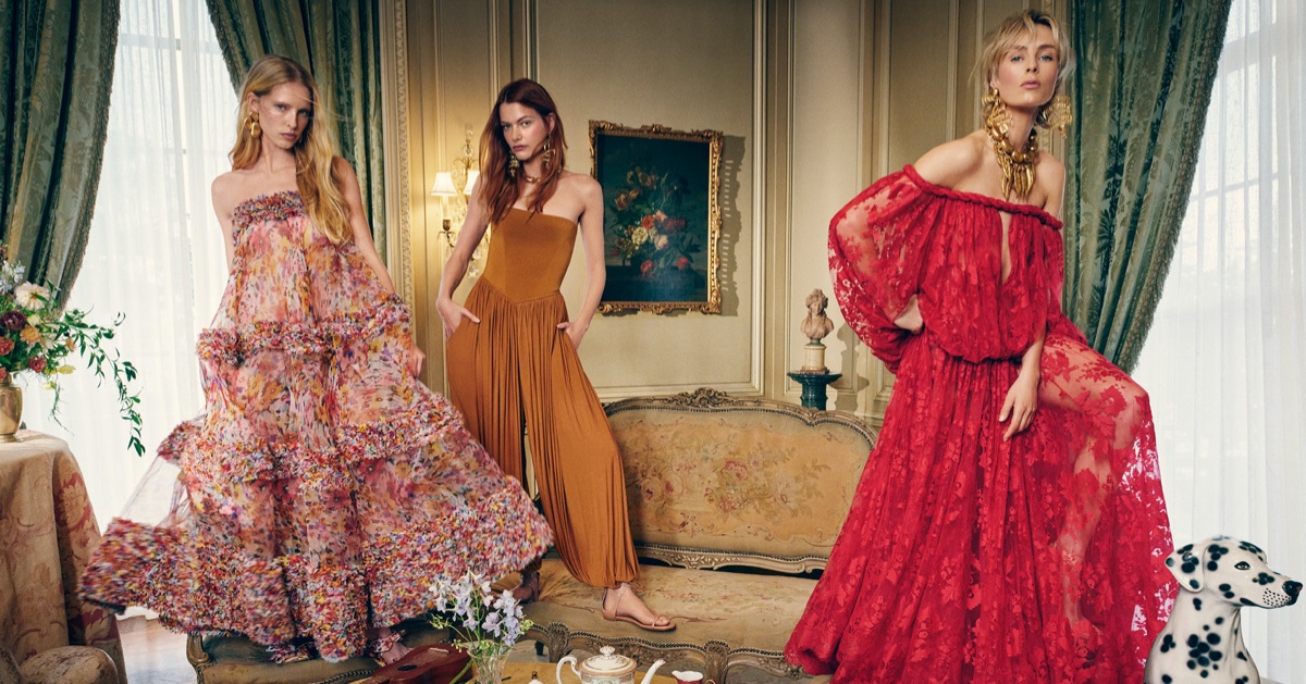Three models posing in a formal interior for the Zimmermann Spring 2026 campaign photographed by Emma Summerton
