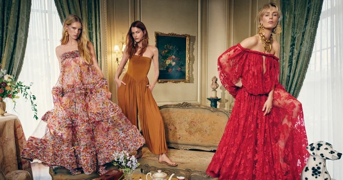 Three models posing in a formal interior for the Zimmermann Spring 2026 campaign photographed by Emma Summerton