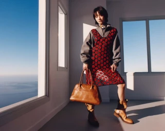 Model standing indoors by large windows wearing a grey sweater over a red patterned dress with tan boots holding a leather handbag