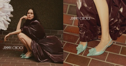 Kiki Willems in a purple shiny coat and light blue floral slingback shoes squatting outdoors on a brick patio for Jimmy Choo.
