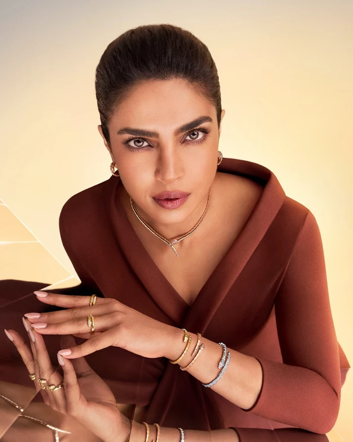 Priyanka Chopra wearing Bulgari Serpenti jewelry and a brown V-neck dress against a warm gradient background
