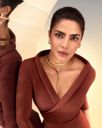 Priyanka Chopra wearing a gold snake necklace and brown dress reflecting in a mirrored multi-panel backdrop for Bulgari Serpenti Icon.