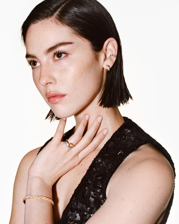 Model Lulu Tenney wearing Chanel Coco Crush fine jewellery against a clean white background