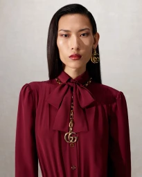 Model wearing burgundy pussy-bow blouse with gold logo chain necklace and matching earrings against a neutral background