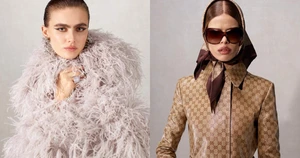 Two fashion portraits featuring Gucci La Famiglia campaign styling against neutral studio backgrounds