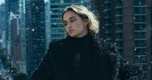 Model wearing a black furry coat and turtleneck against an urban skyline with falling snow